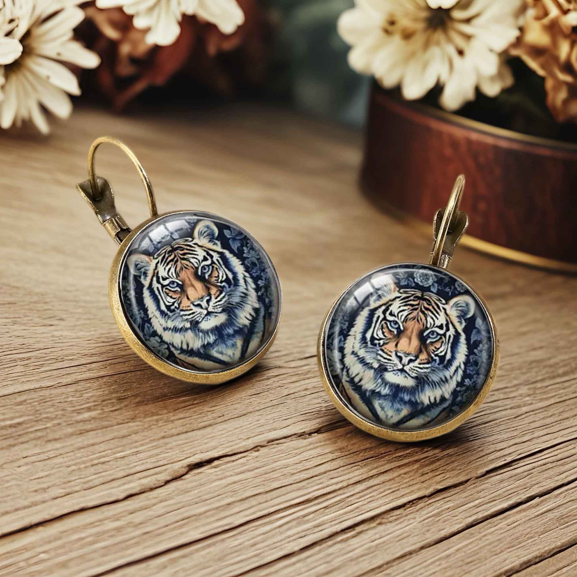 Blue Tiger-Patterned Round Earrings with Floral Design, Vintage Style